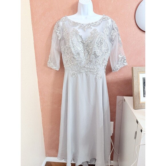 Miss Veil Womens Light Gray Short Sleeve Boat Neck Midi A-Line Dress Size Large - Picture 1 of 11